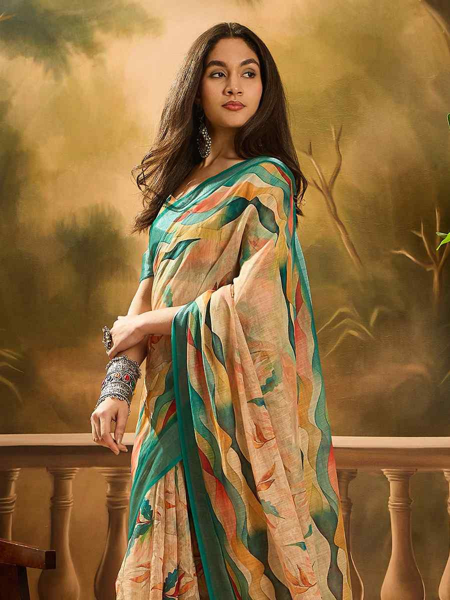 Beige Linen Cotton Blend Handwoven Printed Casual Reception Festival Wedding Fancy Heavy Border Saree