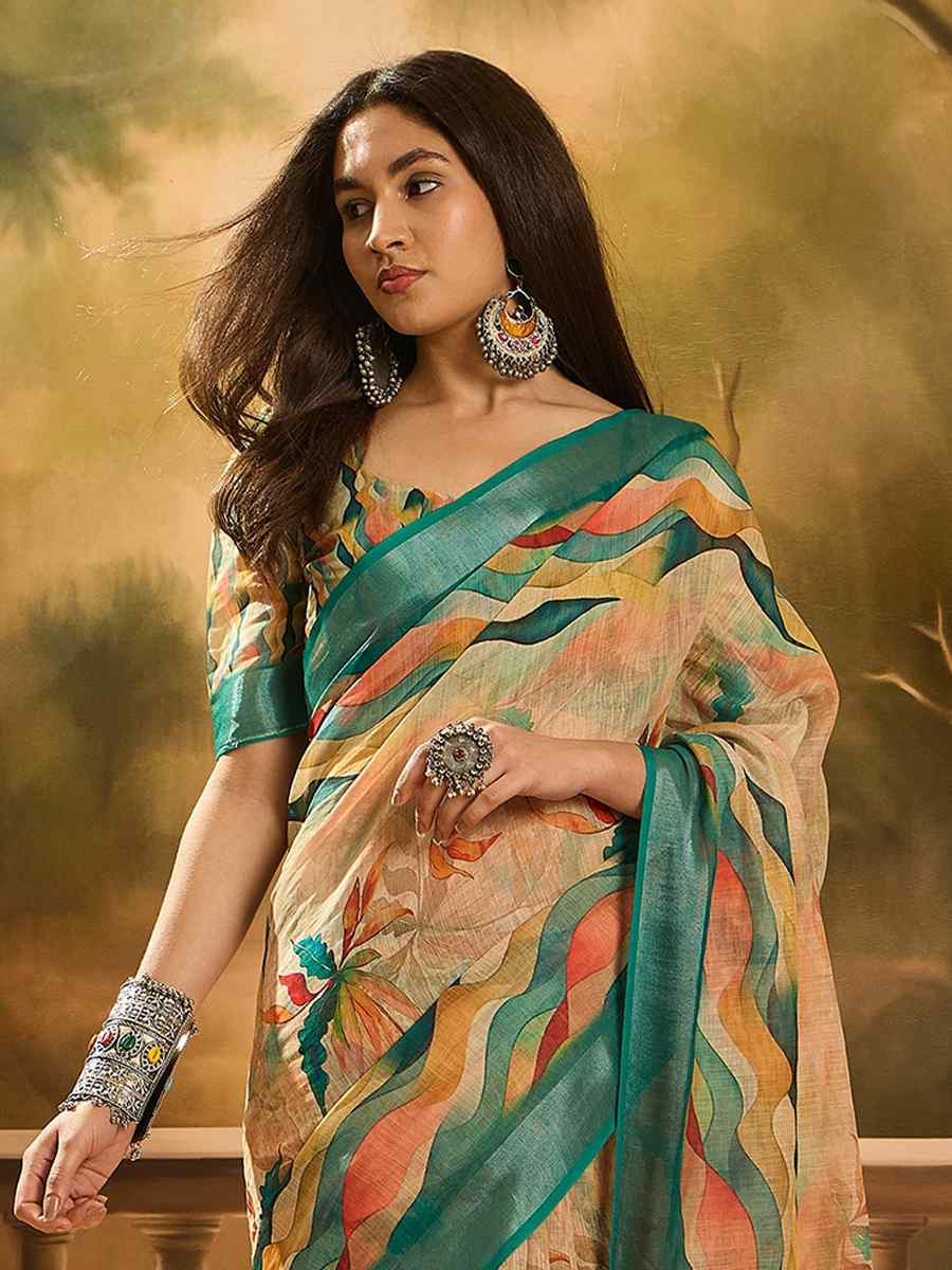 Beige Linen Cotton Blend Handwoven Printed Casual Reception Festival Wedding Fancy Heavy Border Saree