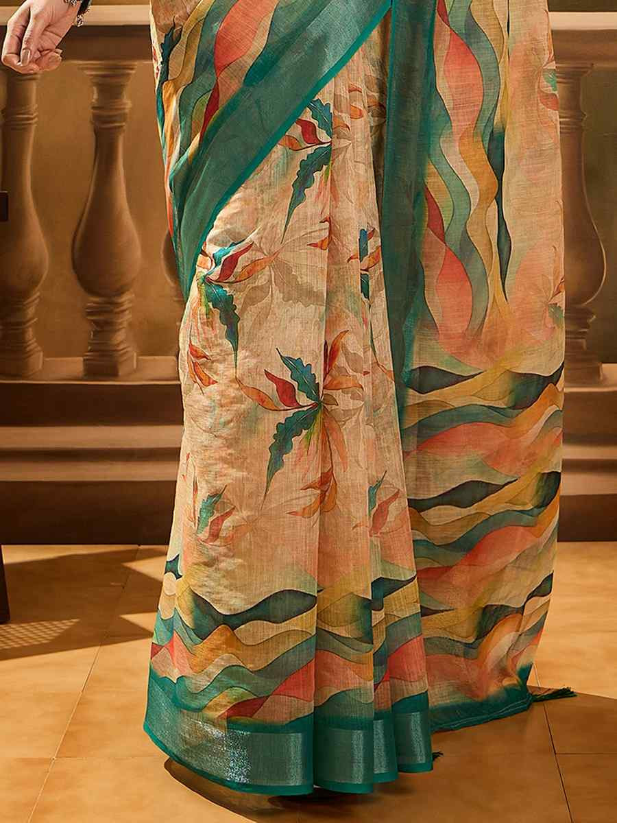 Beige Linen Cotton Blend Handwoven Printed Casual Reception Festival Wedding Fancy Heavy Border Saree