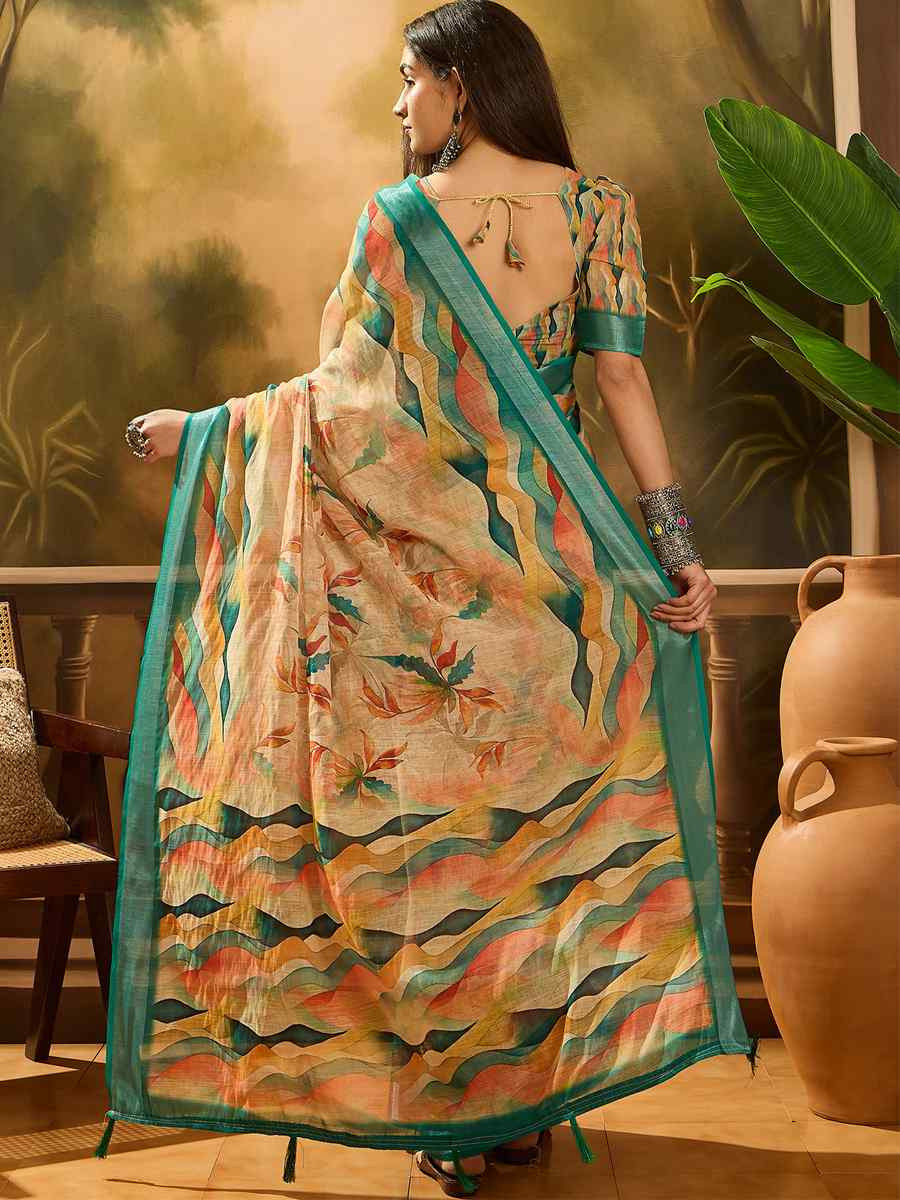 Beige Linen Cotton Blend Handwoven Printed Casual Reception Festival Wedding Fancy Heavy Border Saree