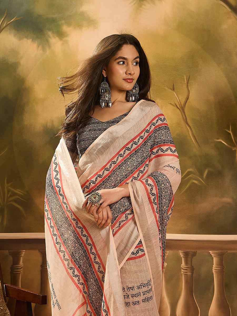 Beige Linen Cotton Blend Printed Casual Reception Festival Wedding Fancy Classic Style Sarees