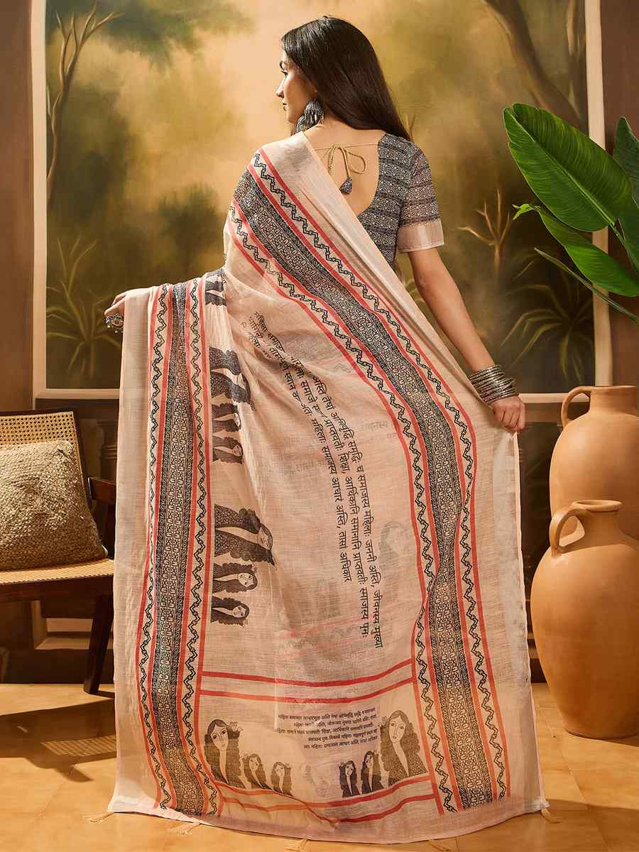 Beige Linen Cotton Blend Printed Casual Reception Festival Wedding Fancy Classic Style Sarees