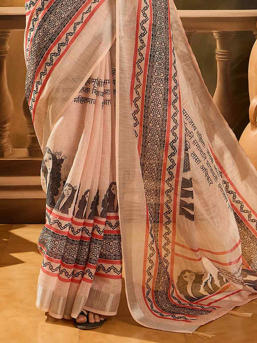 Beige Linen Cotton Blend Printed Casual Reception Festival Wedding Fancy Classic Style Sarees