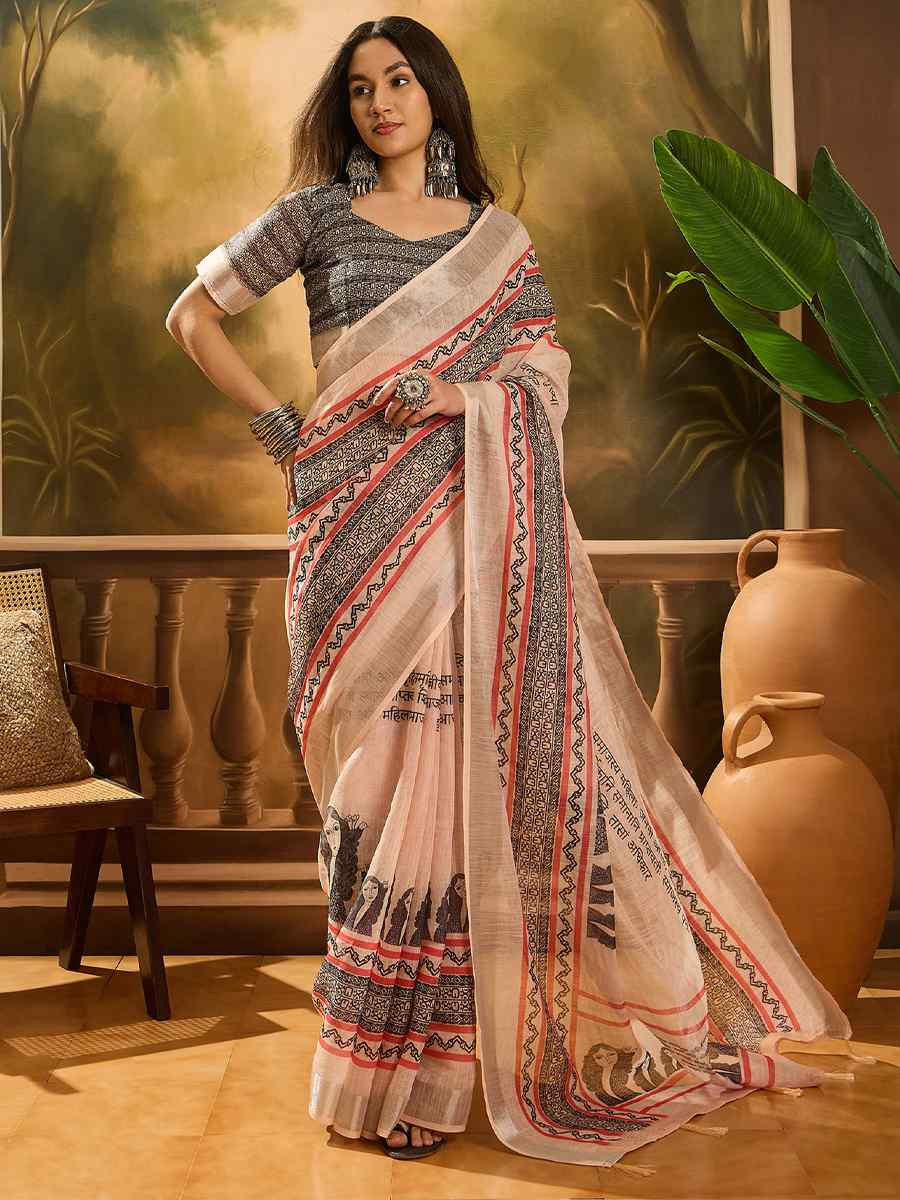 Beige Linen Cotton Blend Printed Casual Reception Festival Wedding Fancy Classic Style Sarees