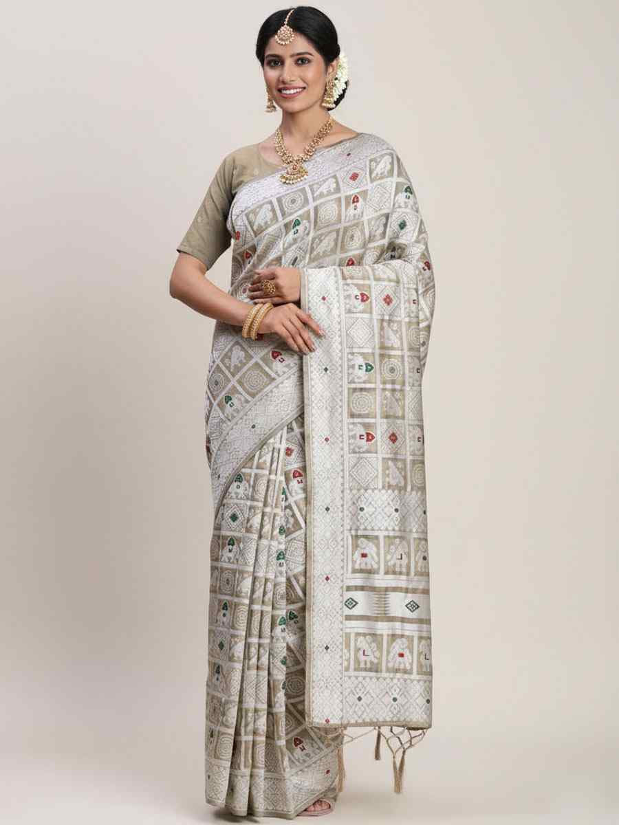 Beige Linen Cotton Handwoven Bridal Reception Festival Wedding Fancy Heavy Border Saree