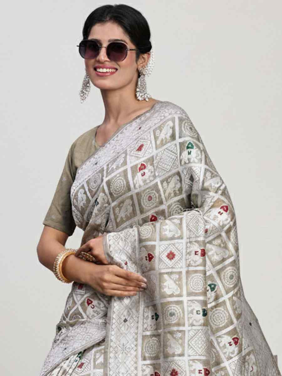 Beige Linen Cotton Handwoven Bridal Reception Festival Wedding Fancy Heavy Border Saree