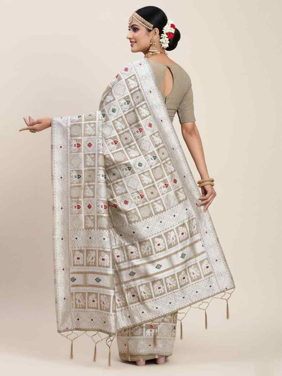 Beige Linen Cotton Handwoven Bridal Reception Festival Wedding Fancy Heavy Border Saree