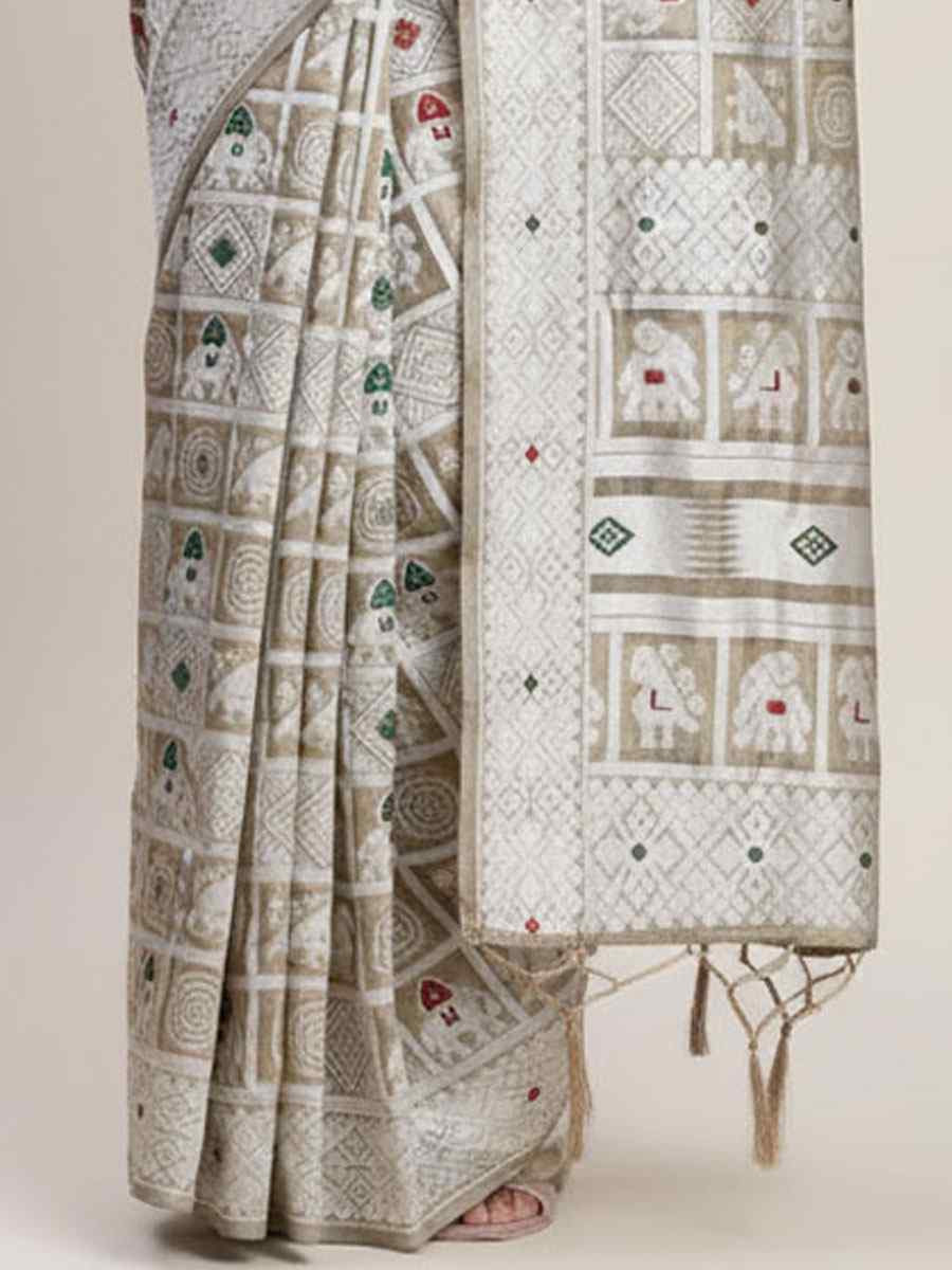 Beige Linen Cotton Handwoven Bridal Reception Festival Wedding Fancy Heavy Border Saree