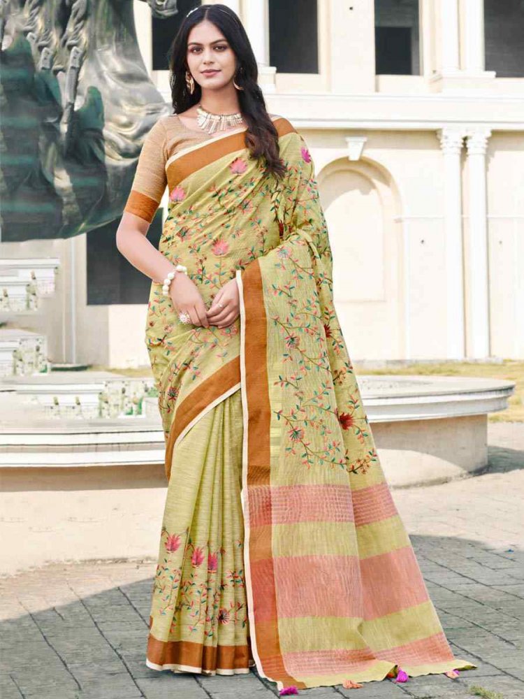 Beige Linen Handwoven Casual Festival Heavy Border Saree