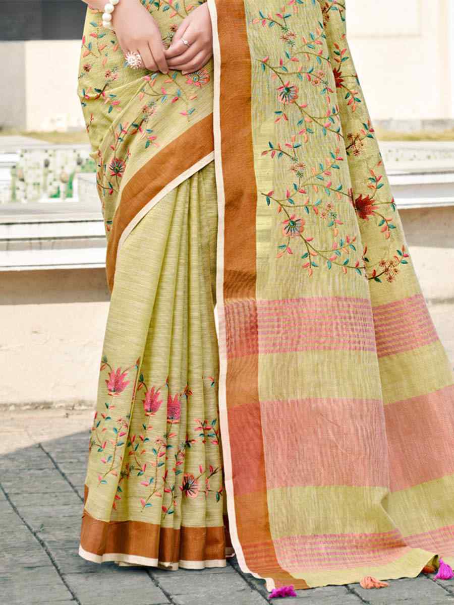 Beige Linen Handwoven Casual Festival Heavy Border Saree