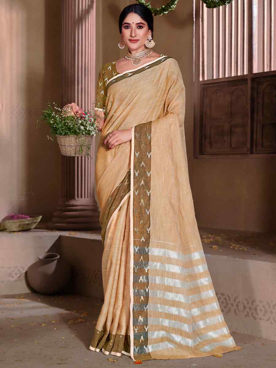 Beige Linen Handwoven Casual Festival Heavy Border Saree
