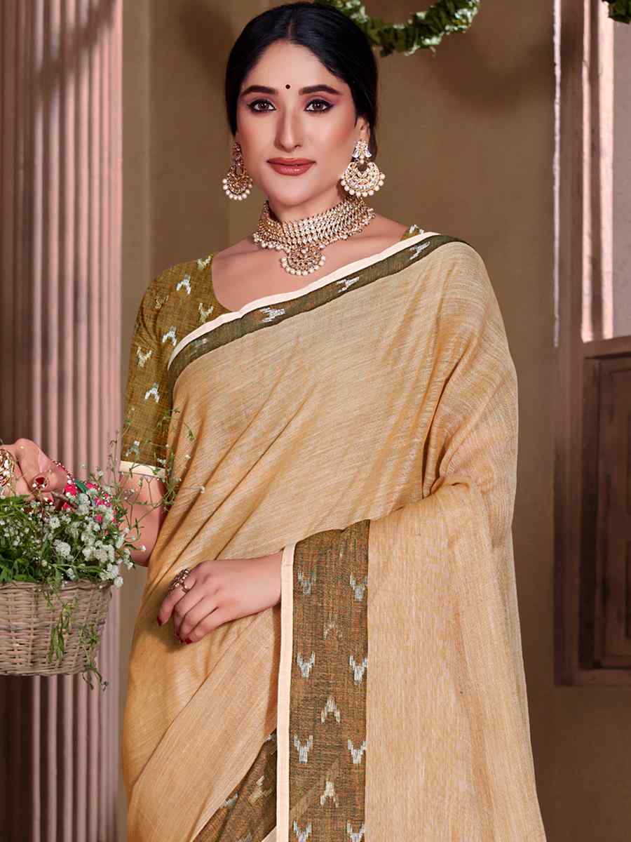 Beige Linen Handwoven Casual Festival Heavy Border Saree