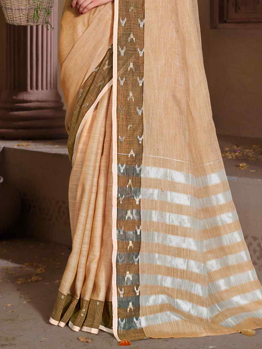 Beige Linen Handwoven Casual Festival Heavy Border Saree