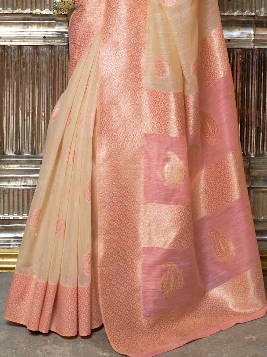 Beige Linen Handwoven Party Festival Heavy Border Saree