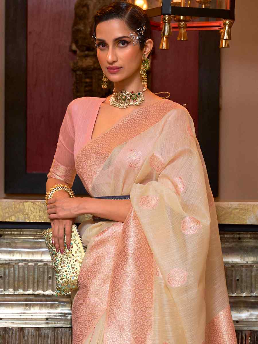 Beige Linen Handwoven Party Festival Heavy Border Saree