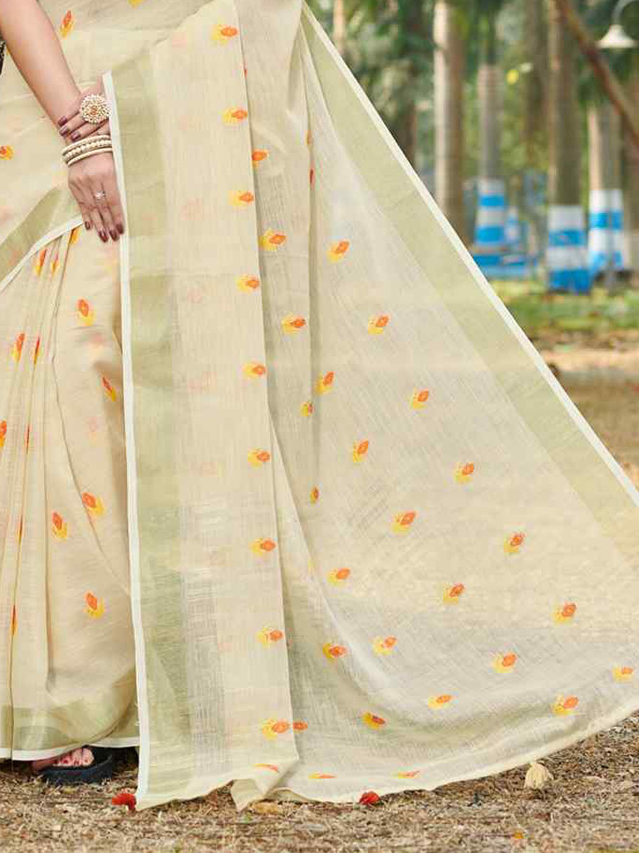 Beige Linen Handwoven Wedding Festival Heavy Border Saree