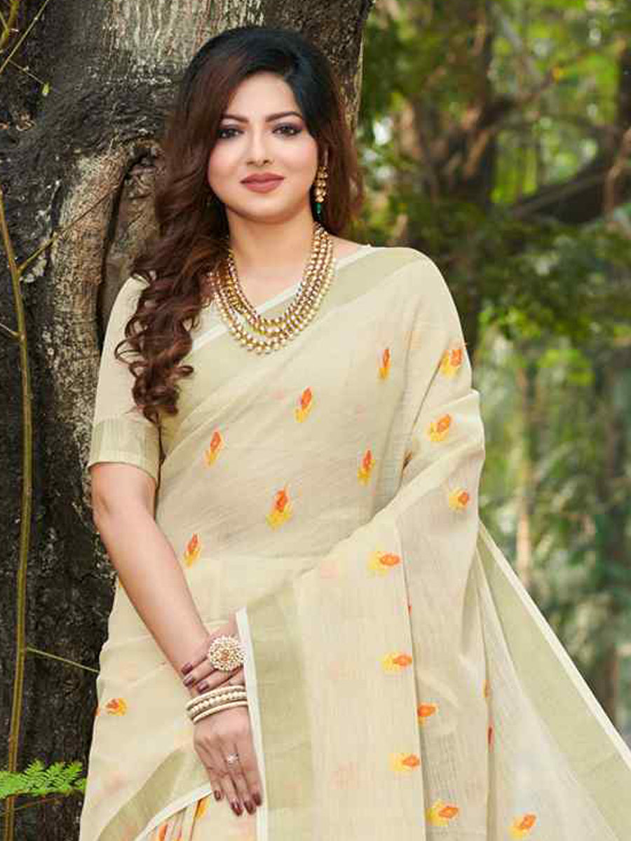 Beige Linen Handwoven Wedding Festival Heavy Border Saree