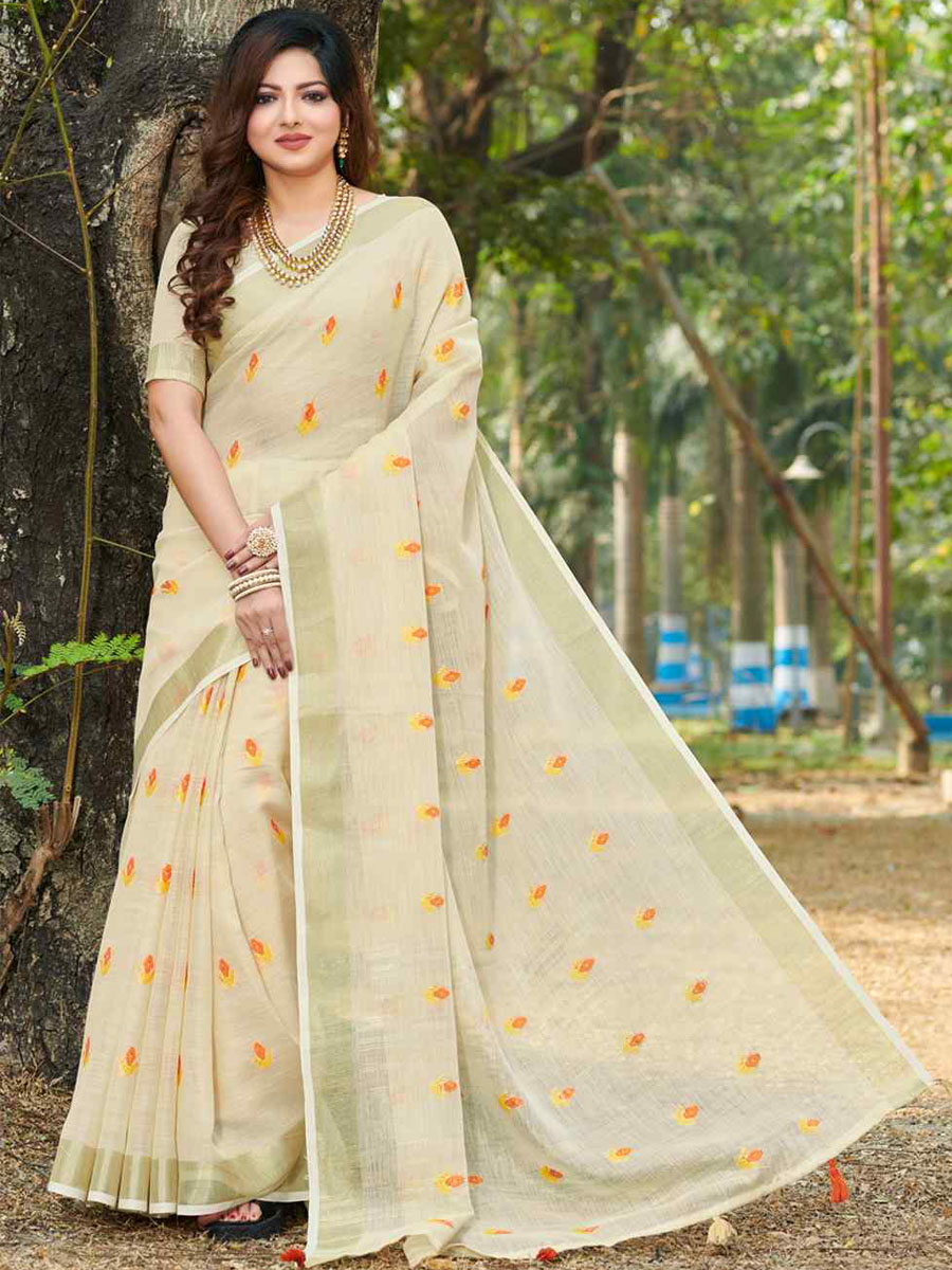 Beige Linen Handwoven Wedding Festival Heavy Border Saree