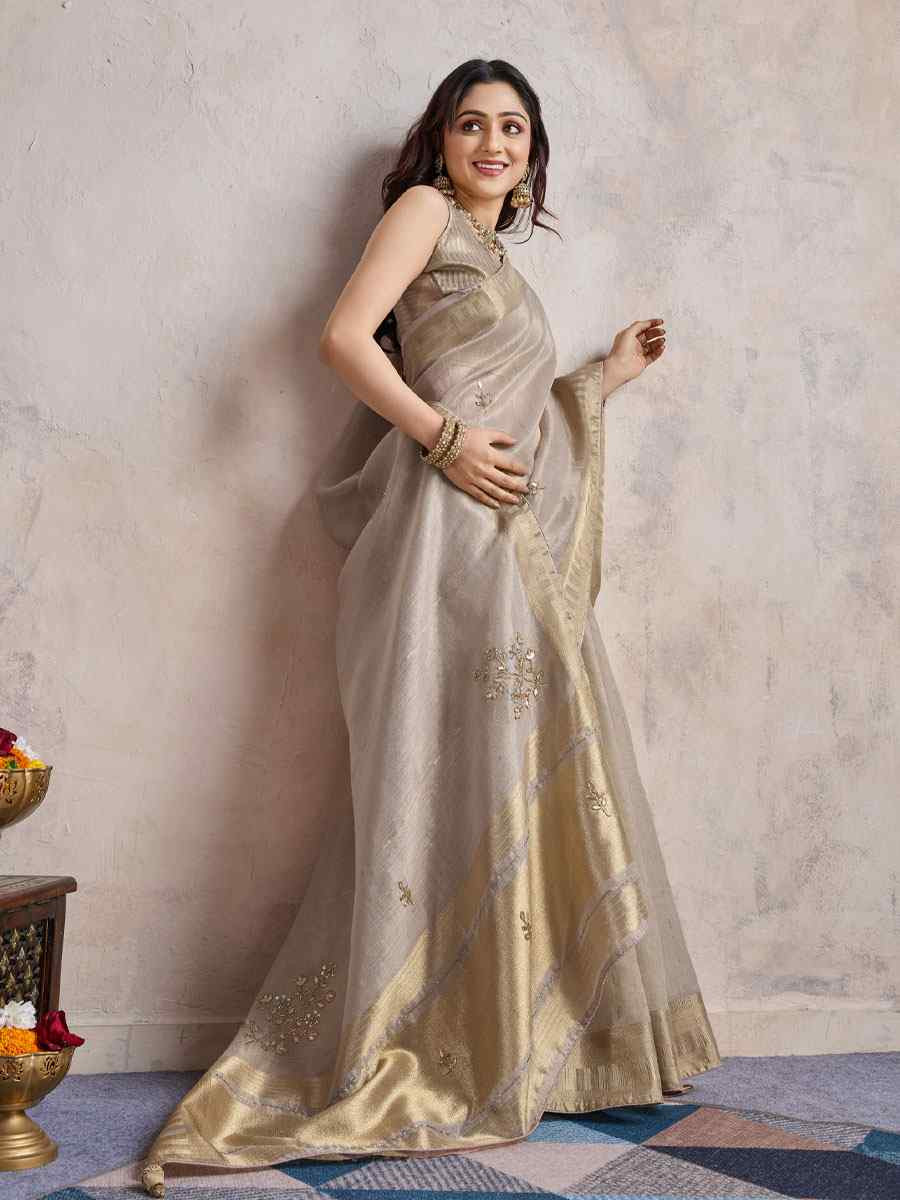 Beige Linen Slub Embroidery Casual Reception Festival Wedding Fancy Heavy Border Sarees