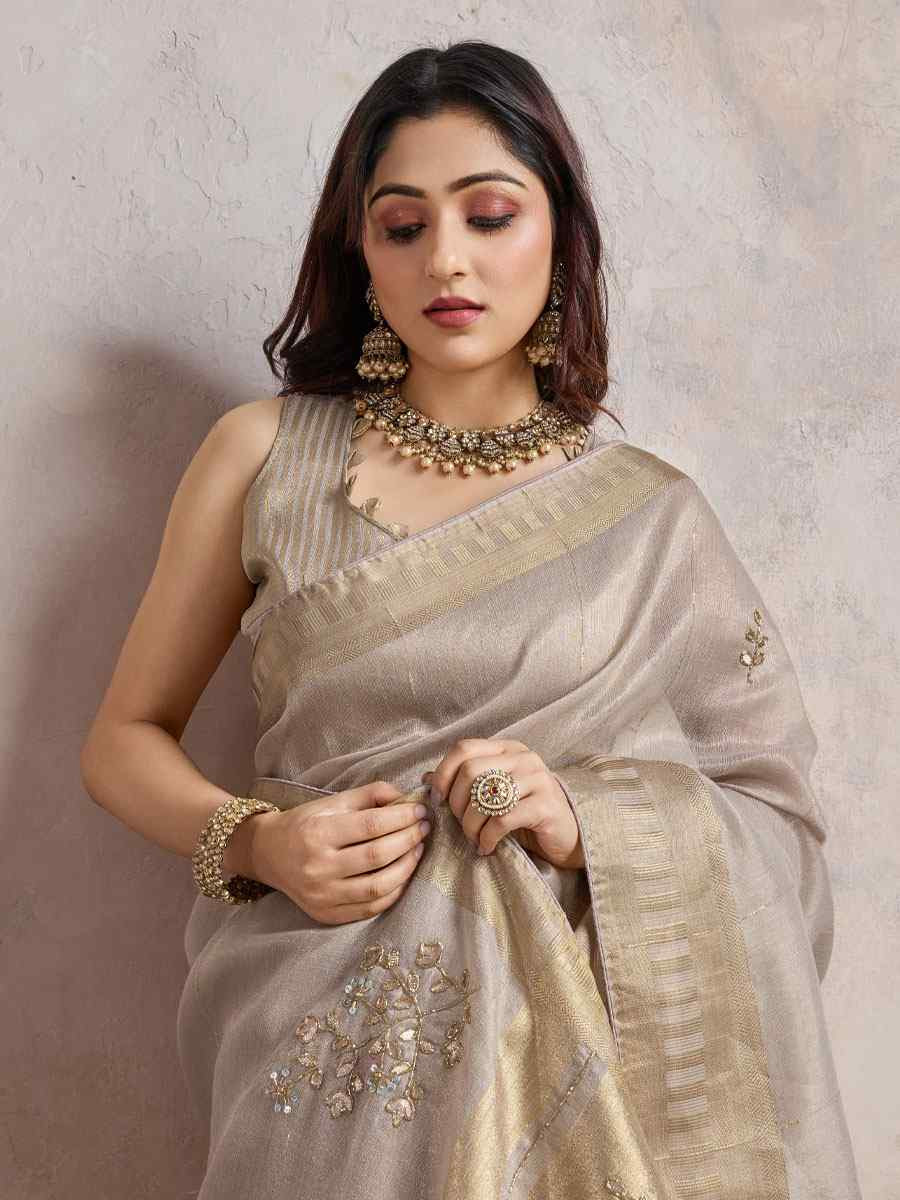 Beige Linen Slub Embroidery Casual Reception Festival Wedding Fancy Heavy Border Sarees