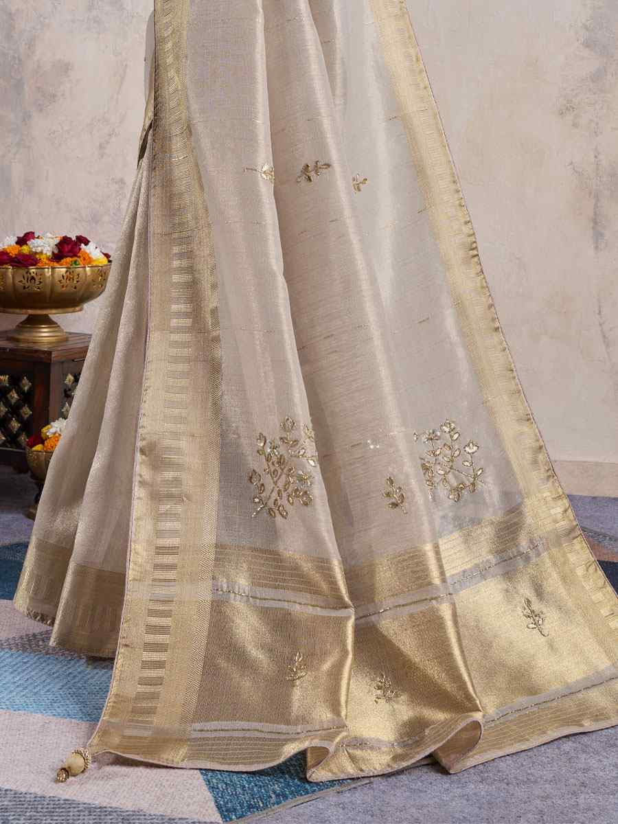 Beige Linen Slub Embroidery Casual Reception Festival Wedding Fancy Heavy Border Sarees