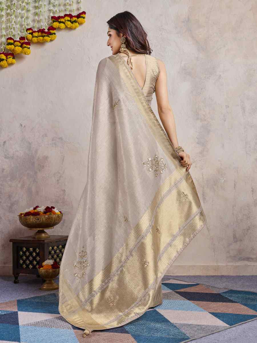 Beige Linen Slub Embroidery Casual Reception Festival Wedding Fancy Heavy Border Sarees