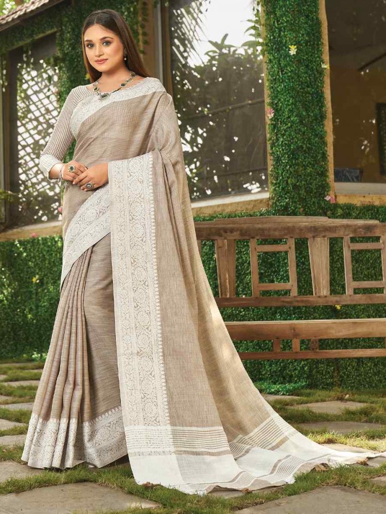 Beige Linen Zari Wedding Festival Classic Style Saree