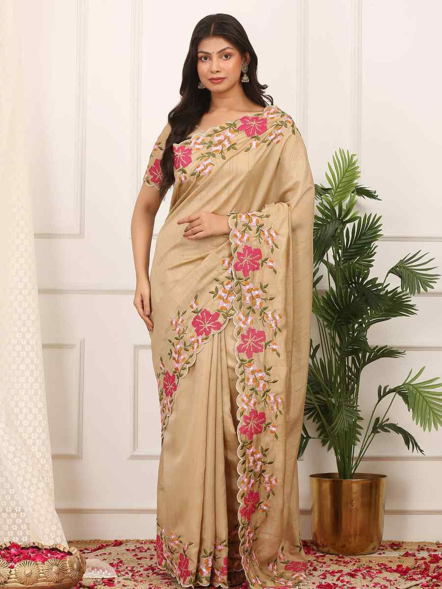 Beige Manipuri Silk Embroidery Casual Reception Festival Wedding Fancy Heavy Border Sarees