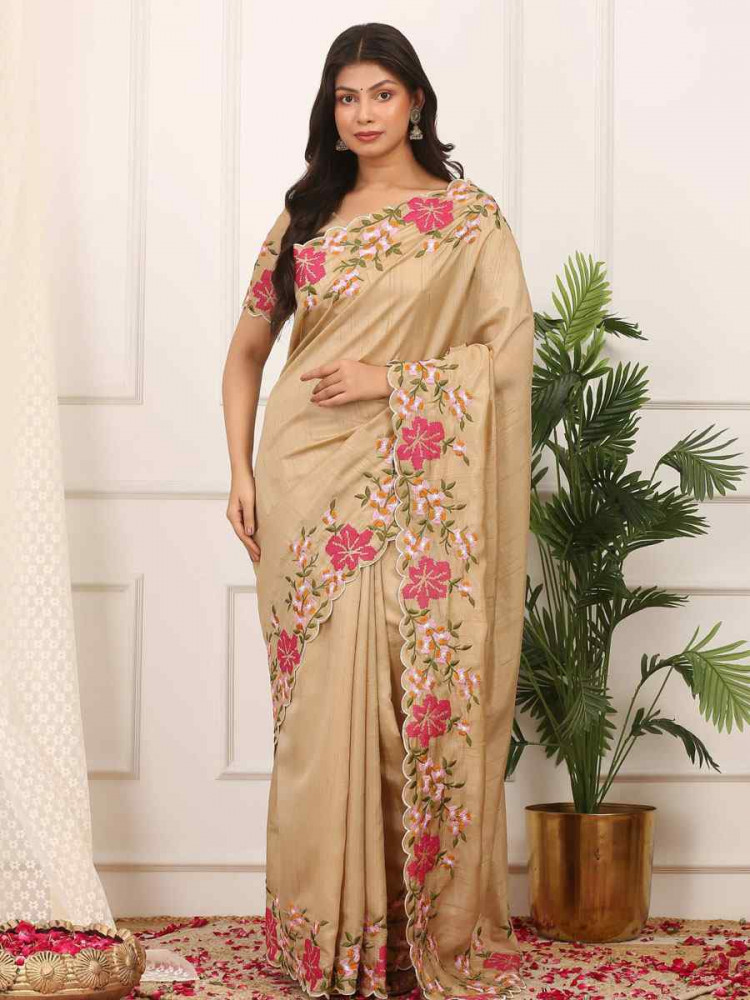 Image of Beige Manipuri Silk Embroidery Casual Reception Festival Wedding Fancy Heavy Border Sarees