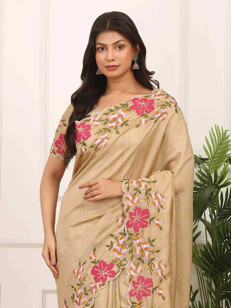 Beige Manipuri Silk Embroidery Casual Reception Festival Wedding Fancy Heavy Border Sarees
