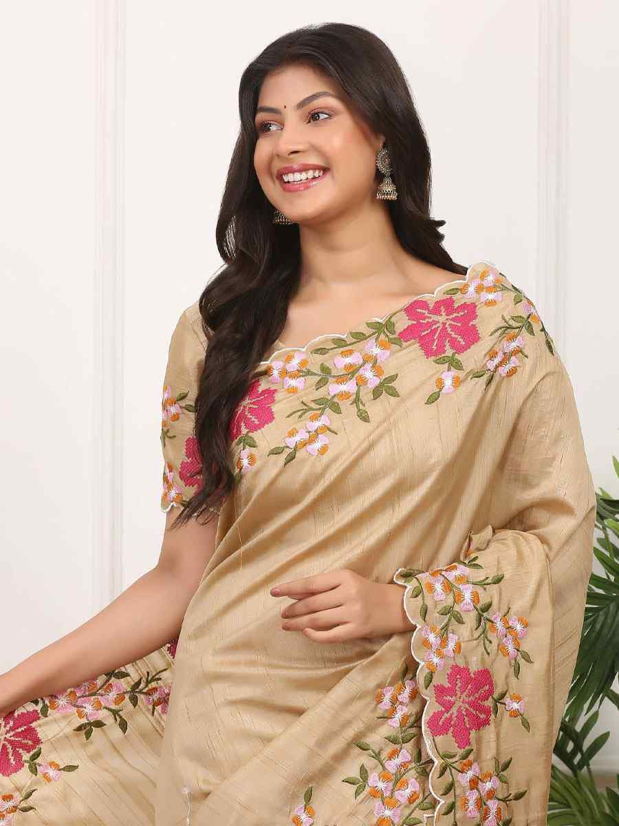 Beige Manipuri Silk Embroidery Casual Reception Festival Wedding Fancy Heavy Border Sarees