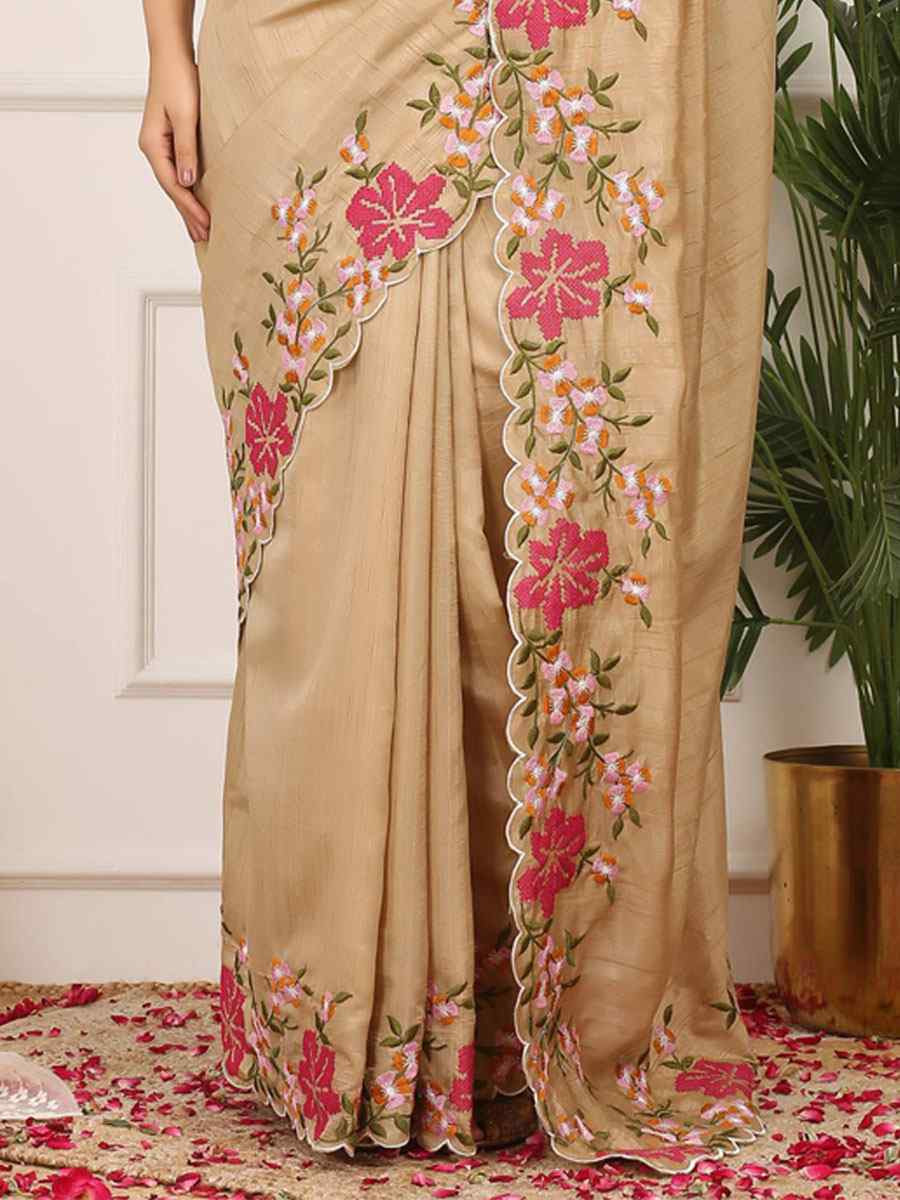 Beige Manipuri Silk Embroidery Casual Reception Festival Wedding Fancy Heavy Border Sarees
