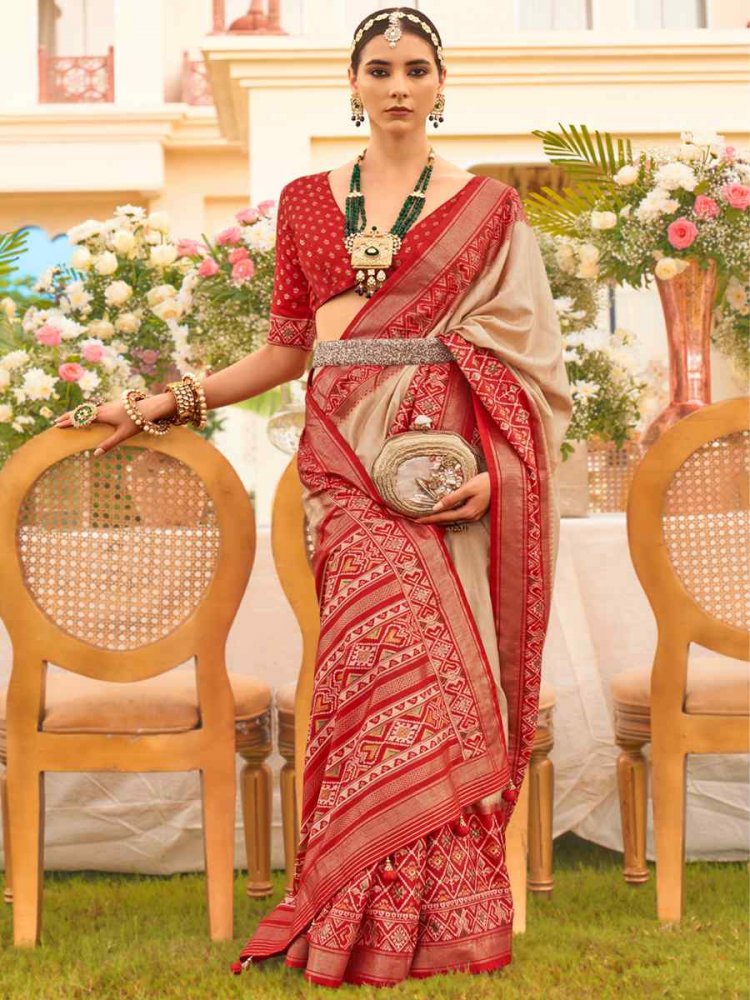 Beige Mercerized Sigma Silk Handwoven Wedding Festival Heavy Border Saree