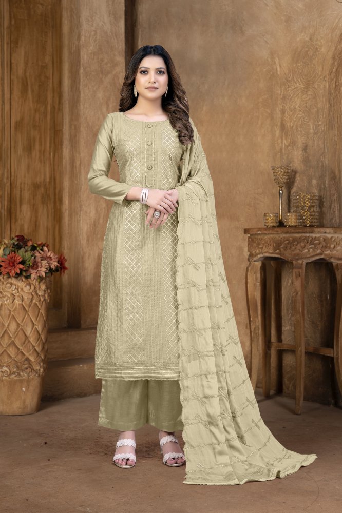 Beige Modal Chanderi Cotton Lace Work Festival Party Pant Salwar Kameez
