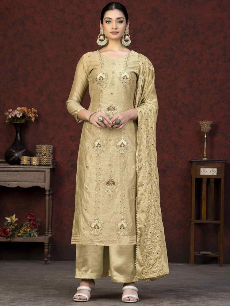 Beige Modal Chanderi Embroidered Casual Festival Pant Salwar Kameez