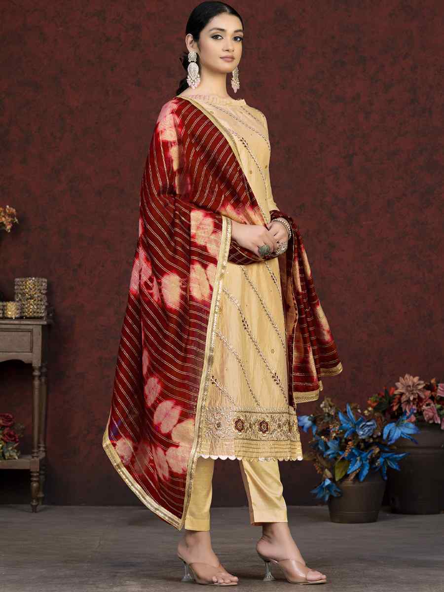 Beige Modal Chanderi Embroidered Casual Festival Pant Salwar Kameez