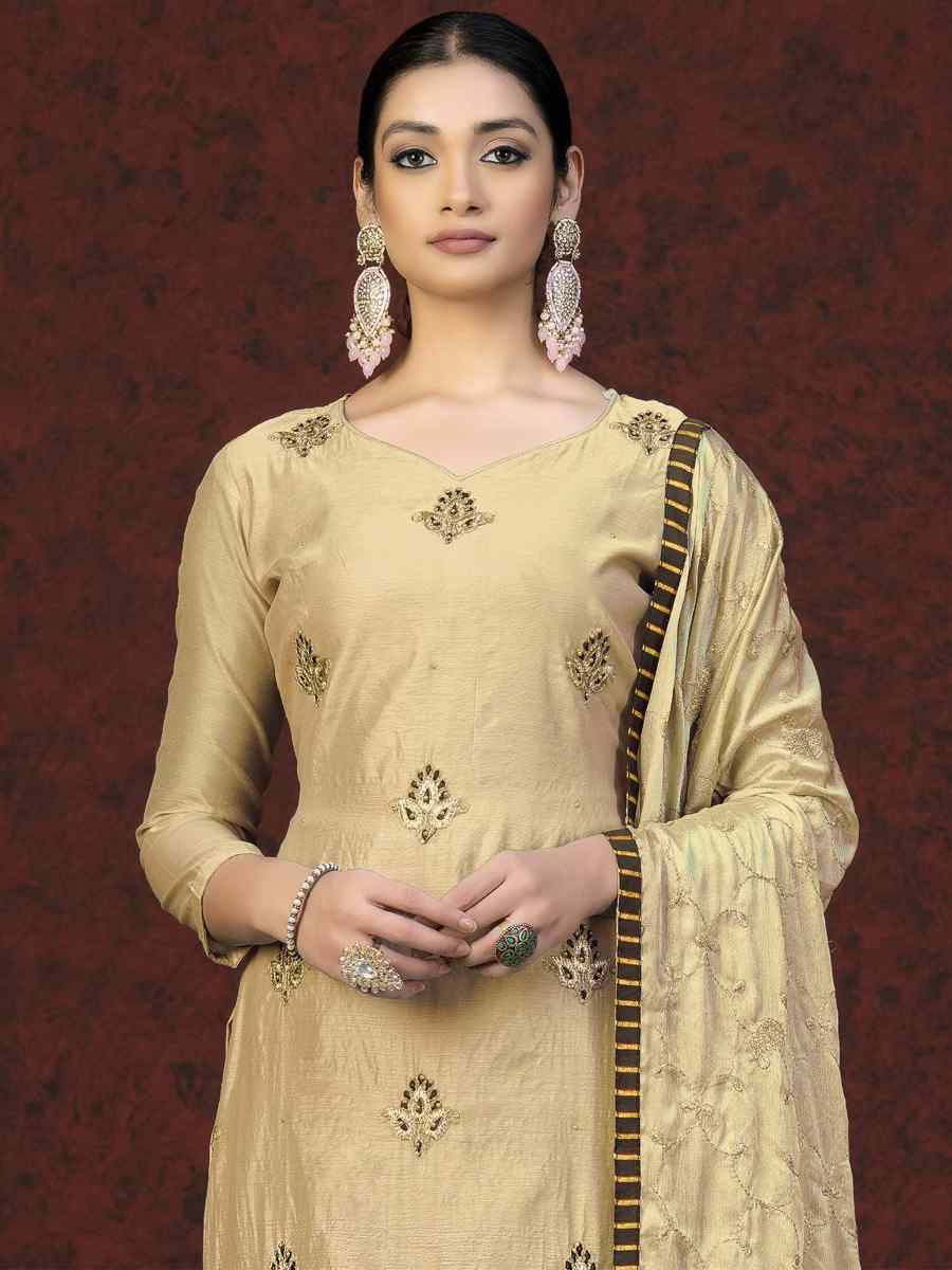 Beige Modal Chanderi Embroidered Casual Festival Pant Salwar Kameez