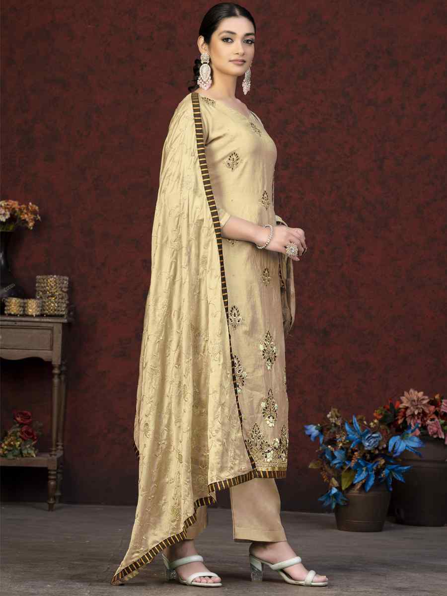 Beige Modal Chanderi Embroidered Casual Festival Pant Salwar Kameez