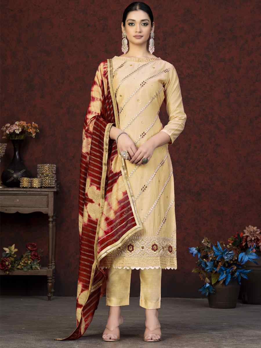 Beige Modal Chanderi Embroidered Casual Festival Pant Salwar Kameez