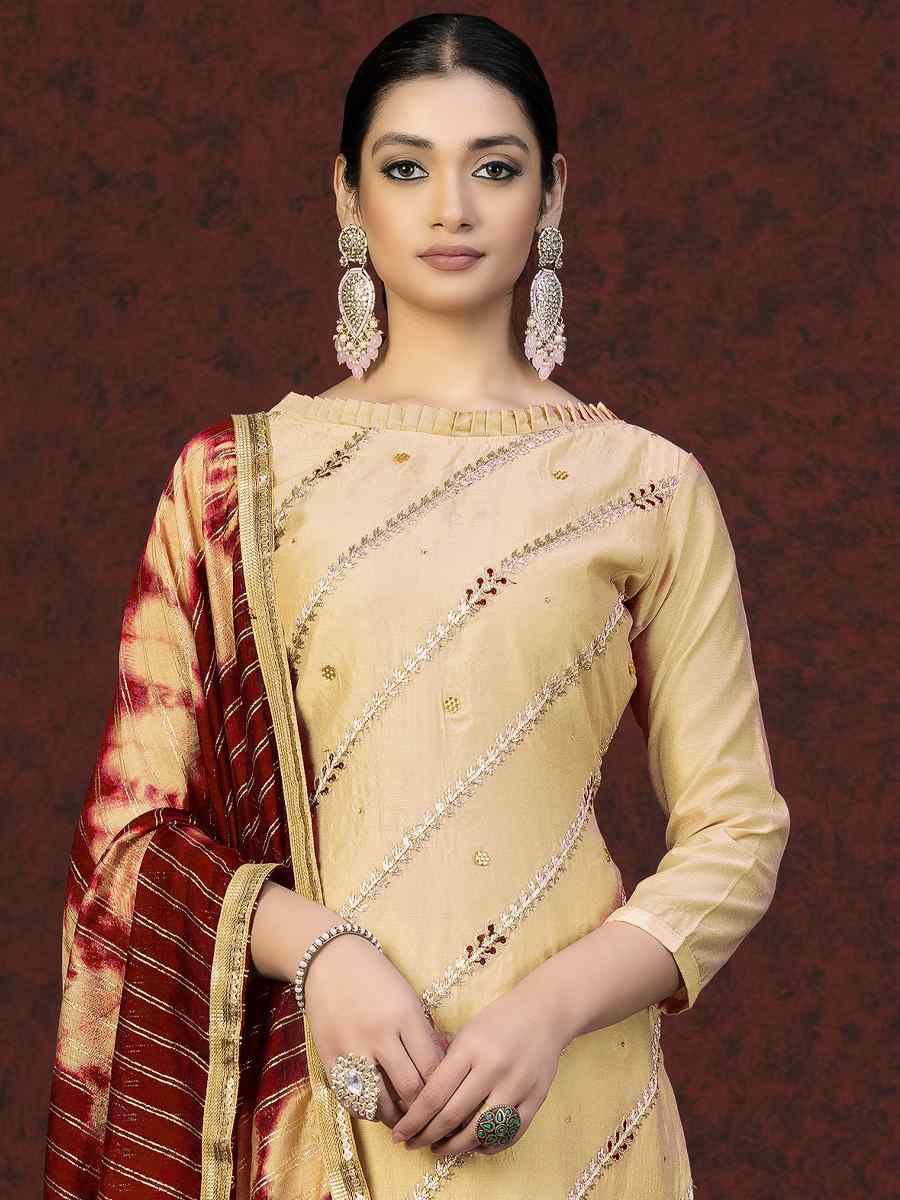 Beige Modal Chanderi Embroidered Casual Festival Pant Salwar Kameez