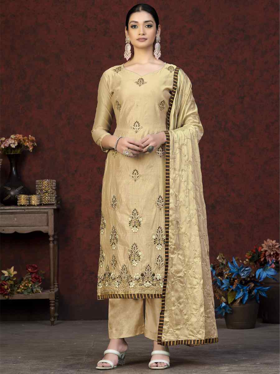 Beige Modal Chanderi Embroidered Casual Festival Pant Salwar Kameez