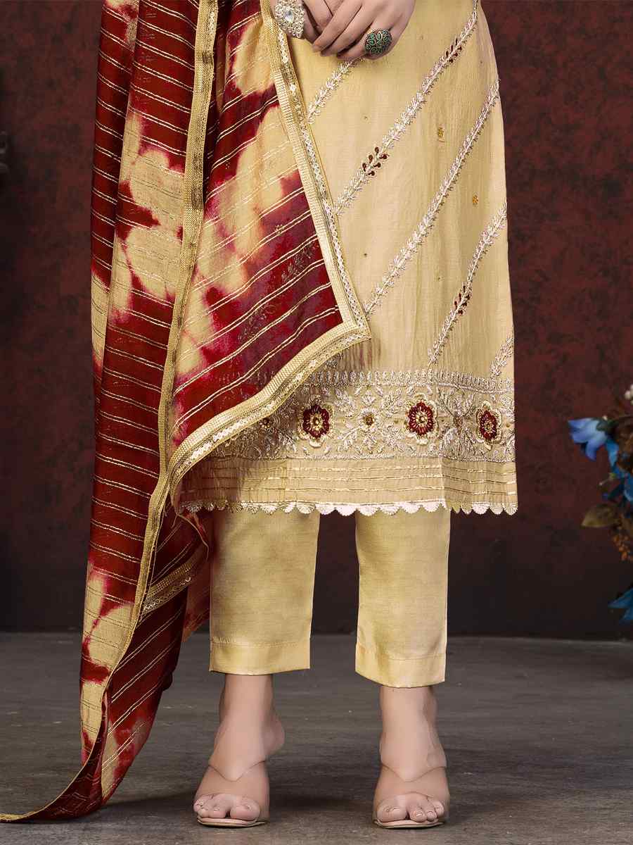 Beige Modal Chanderi Embroidered Casual Festival Pant Salwar Kameez