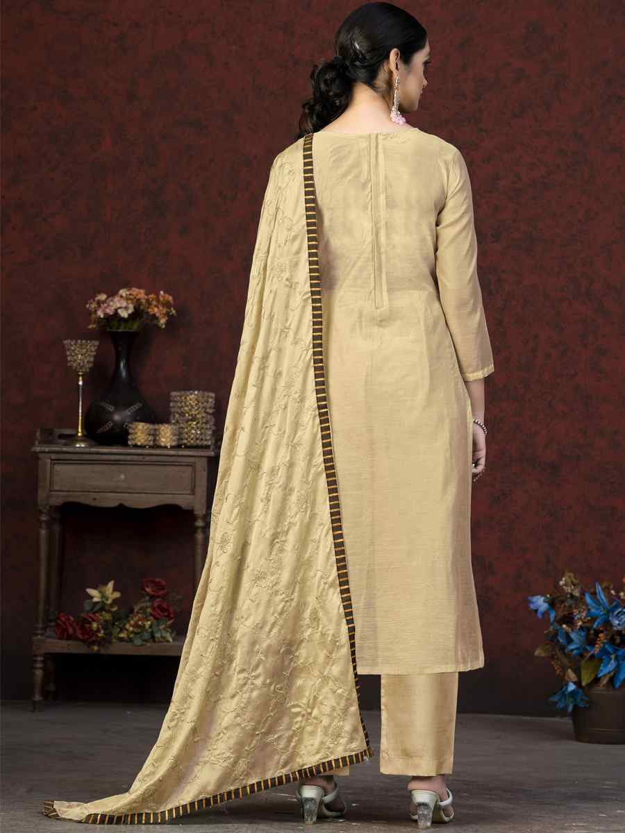 Beige Modal Chanderi Embroidered Casual Festival Pant Salwar Kameez