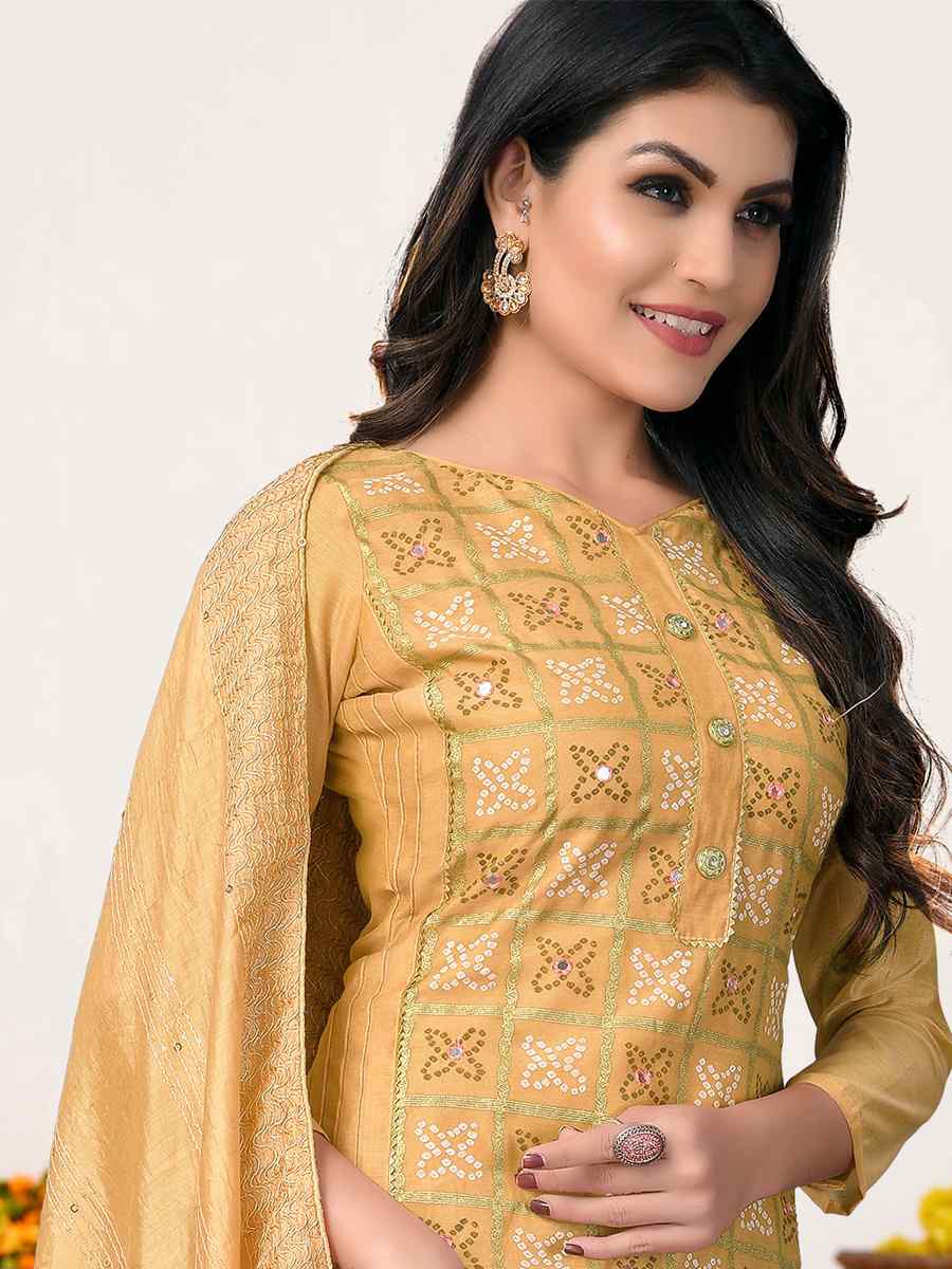 Beige Modal Chanderi Embroidered Wedding Festival Pant Salwar Kameez