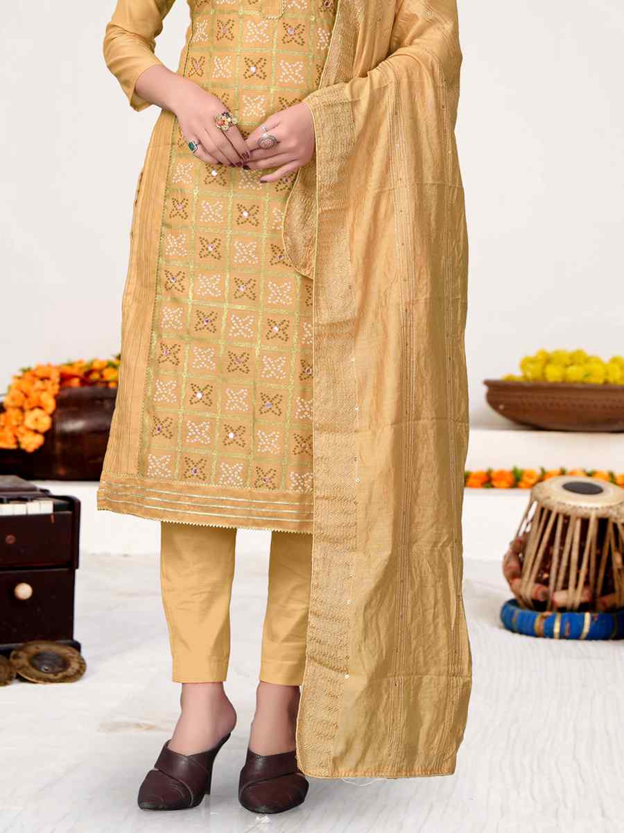 Beige Modal Chanderi Embroidered Wedding Festival Pant Salwar Kameez