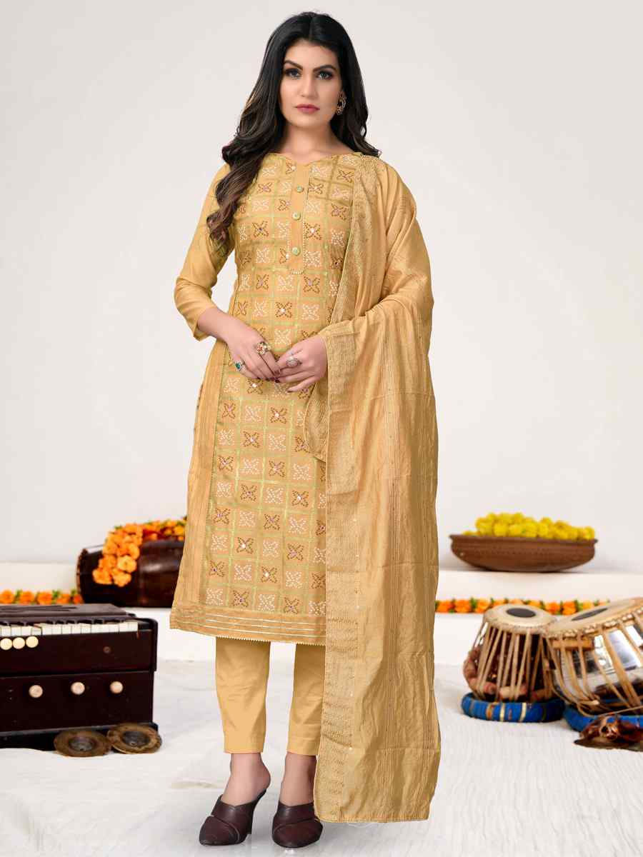 Beige Modal Chanderi Embroidered Wedding Festival Pant Salwar Kameez