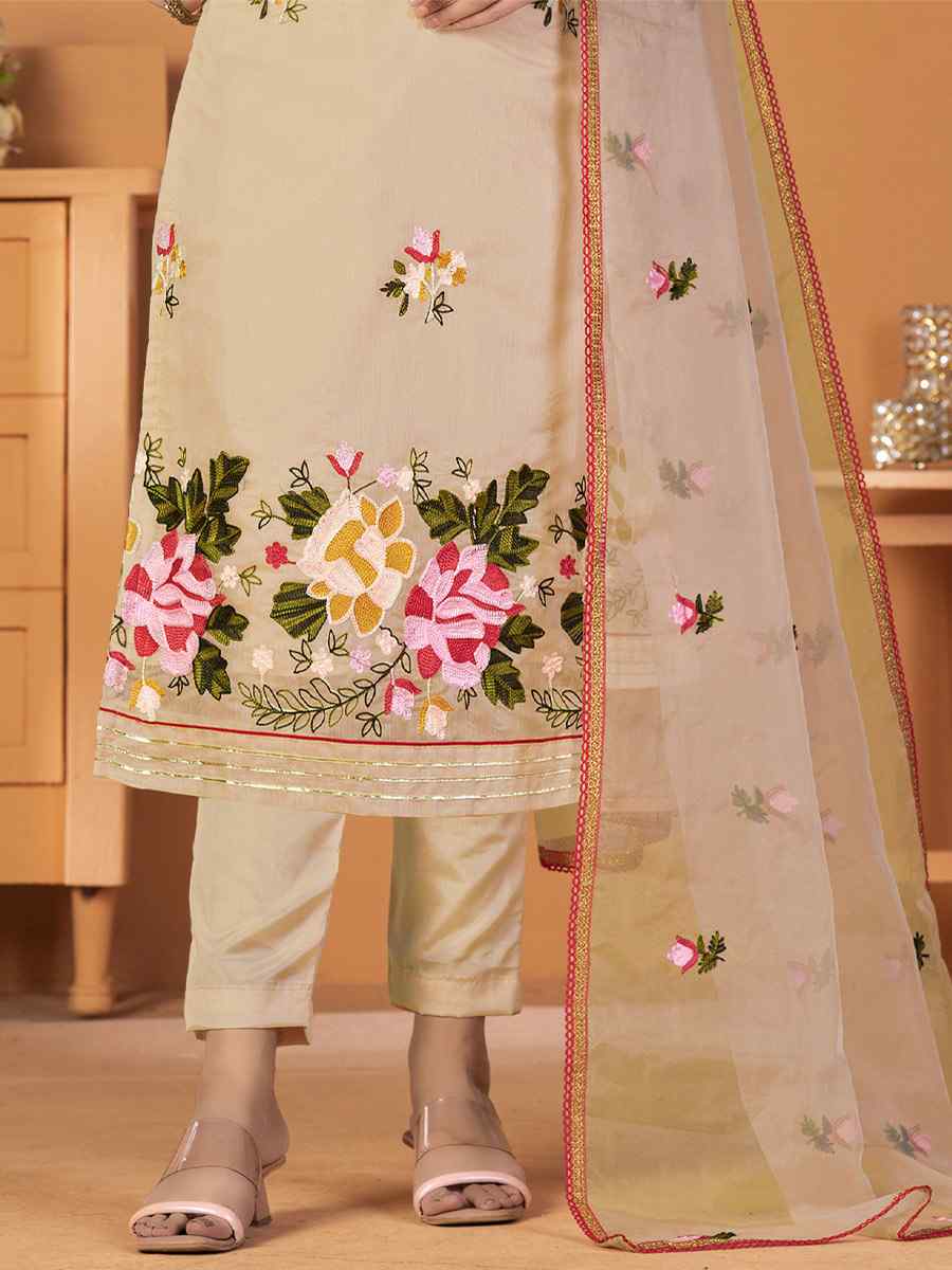 Beige Modal Silk Embroidered Casual Festival Pant Salwar Kameez