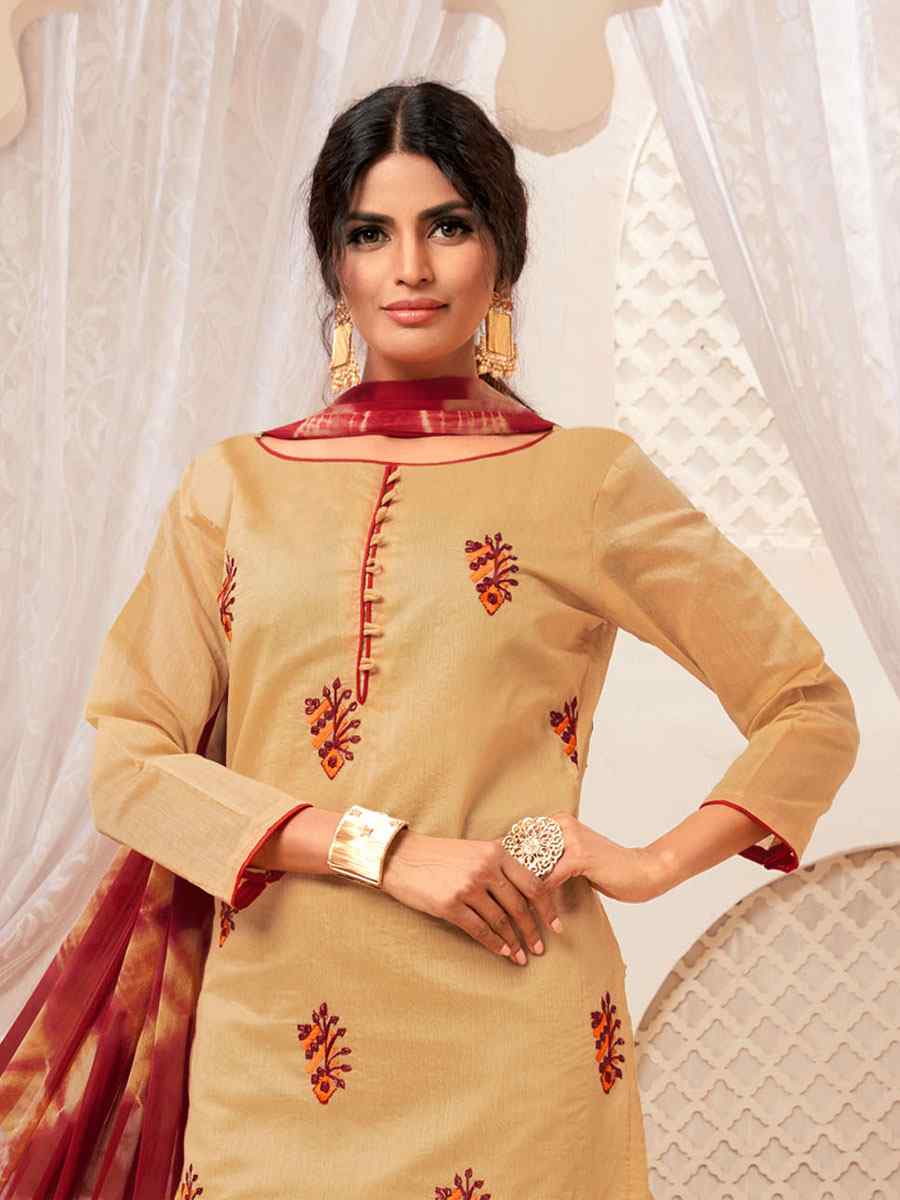 Beige Modal Silk Printed Casual Festival Churidar Salwar Kameez
