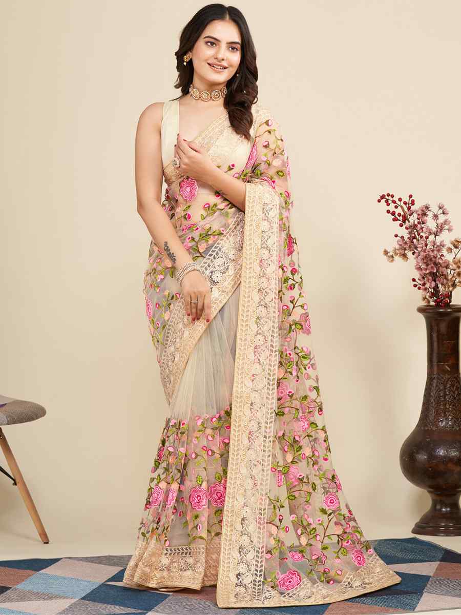 Beige Mono Banglory Silk Embroidered Reception Party Heavy Border Saree