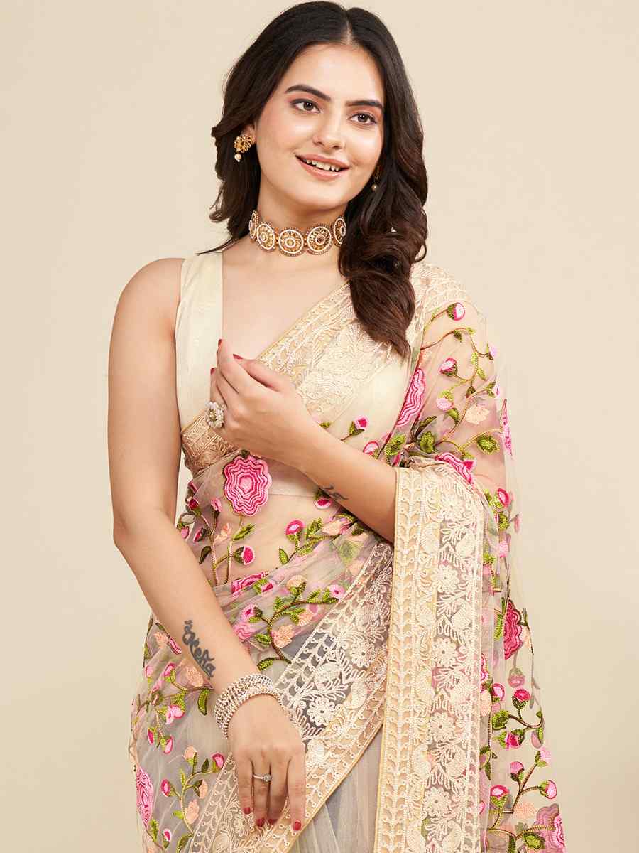 Beige Mono Banglory Silk Embroidered Reception Party Heavy Border Saree